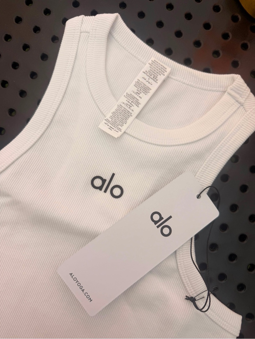 ALO Yoga White Ribbed Tank with Minimal Logo